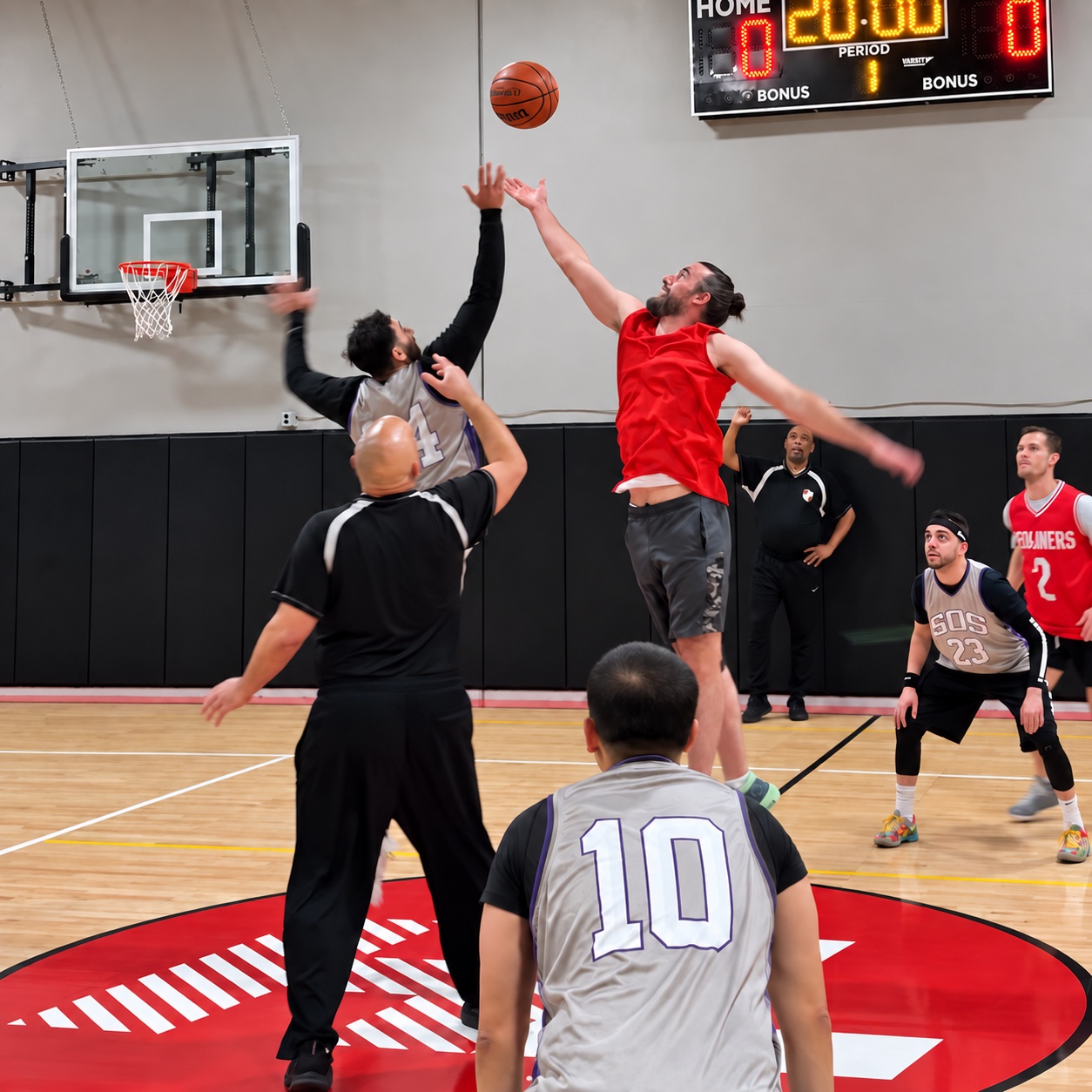 Players jumping for the opening tip during a basketball game at OC Hoop Legends