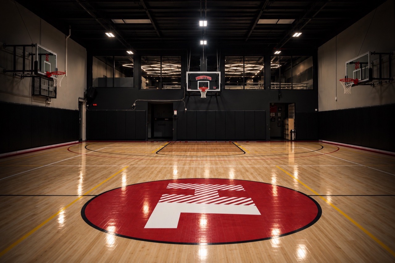 Private hardwood court viewed from center court
