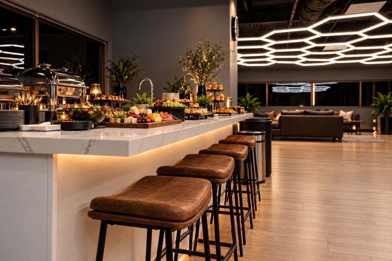 Catered food and gathering space on the mezzanine