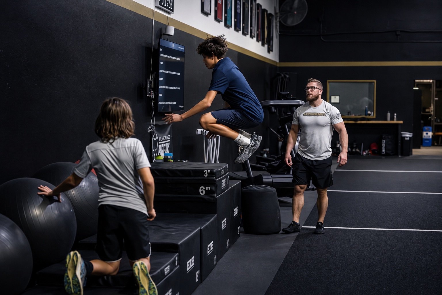 Young athletes practicing box jumps with a coach at Legendary Strength